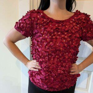Anthropologie Varun Bahl Rosemarie Shirt Small Red 3D Floral Bead Accent size s